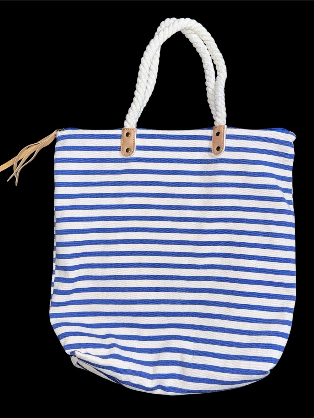Medium Blue White Nautical Stripe Canvas Tote Bag Rope Handles Zip Closure